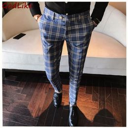 New 100% High Quality Plaid Pant Formal Wedding Mens Slim Fit Suit Pants Fashion Casual Straight Dress Trousers318P