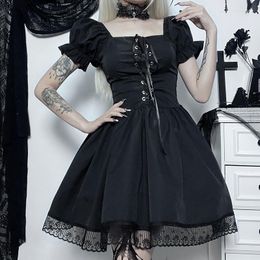 Casual Dresses E-girl Gothic Lolita Puff Sleeve Black A-line Dress Dark Academia Front Tie Up Lace Hem Mini 90s Vintage Y2K Streetwear