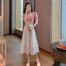 Work Dresses 2 Piece Sets Womens Outfits Skirt Suits Women Set Two-Piece Short Sleeve T Shirt And Lace Skirts Lady Clothes Matching Q233