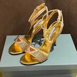 Golden Crystal embellished Stiletto sandals New rhinestones Strass stiletto Heel Evening shoes 9cm women high heeled Luxury Designers sandal Size 35-42
