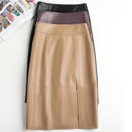 Skirts Fashionable Women's Genuine Leather Women's Slotted Pockets Stitched High Waist Jupe Mujer A-line Mid length Khaki/Purple Fashionable Faldas 230406