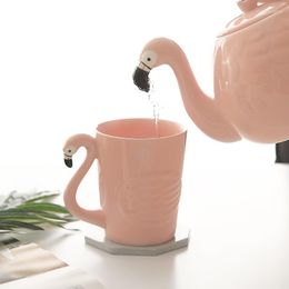 Mugs Ins Pink Flamingo Girl Ceramic Water Cup Teapot Set With Handle Home Mark Teaware Drinking