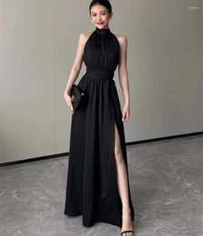 Casual Dresses Temperament Women Halter Collar Black Long Dress 2023 Elegant Summer Sleeveless Off Shoulder Split Party Slim Robe Vestidos