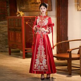 Ethnic Clothing Women Satin Toast Chinese Style Sequins Beading Tassels Embroidery Wedding Dress