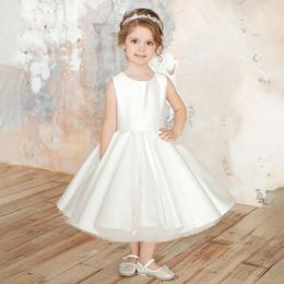 Girl Dresses Flower Dress White Satin Bow Belt Backless Wedding Elegant Little Child Holy Communion Birthday Party Princess