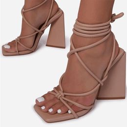 Sandals Big Size 42 Open Toe Cross Strappy Block Heels Summer Party Dress Sexy Square Luxury Wedding Lace Up Women Shoes