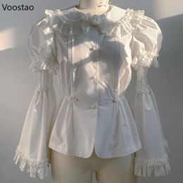 Women's Blouses Shirts Vintage Victorian Kawaii Lolita Shirt Gothic Lace Ruffles Rose Peter Pan Collar Removable Long Sleeve Sweet Tops 230404