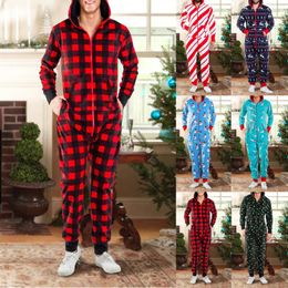 Men's Sleepwear Autumn Winter Onesies Men Plaid Christmas Elk Print Zipper Thick Fleece Hooded Jumpsuit Navidad Hood Pyjamas Nightwear