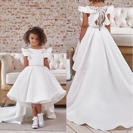 Girl Dresses White Flower Wedding Appliques Beading Ball Gown First Communion Satin Tulle Court Train Dress For Kids Party 2023