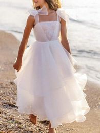 Girl Dresses Shiny White Tulle Flower Dress Wedding Birthday Party Sleeveless Princess Simple Lace Bow Beach Evening Ball Gowns For Kids