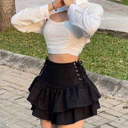 Skirts 2023 Womens High Waist Lace Plaid Pleated Gothic Mini Sexy Mall Skirt Punk Club Wear Women Harajuku Y2k Goth Black