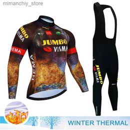 Cycling Jersey Sets 2023 JUMBO VISMA Cycling Jersey Set Winter Thermal Fece Cycling Clothing Long Seve Men Road Bike Suit MTB Maillot Culotte Q231107