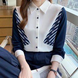 Women's Blouses Colour Matching Shirt Vintage Work Casual Tops Chiffon Blouse Long Sleeve Loose Business Shirts 2024