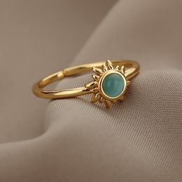 Vintage Opal Rings For Women Man Stainless Steel Sun Rings Moonstone Ring Accessories Jewellery Gift Best Friend Mom Bijoux Size 7