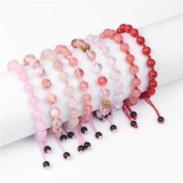 Pink Quartzs Red Rope Knot Braided Bracelet 8mm Natural Stone Beads Adjustable Woven Wristbands Rhodochrosite Jewellery