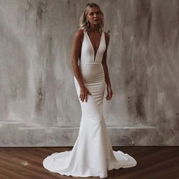 Simple V Neck Wedding Dress Sweep Train Custom Made Plus Size Side Cutouts Strechy Open Back Bridal Gowns Vestidos De Noiva