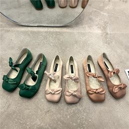 Dress Shoes Bailamos Women Flat Bottom Ballet Shoes Female Bow Band Retro Shallow Mouth Women's Shoes Size 39-40 230404