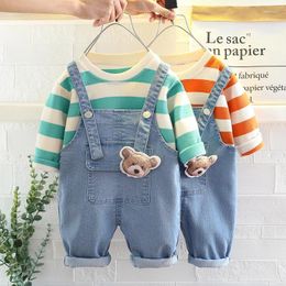 Clothing Sets 2023 Spring Autumn Children Boy 2PCS Set Stripe Cotton Sweatshirts Denim Overalls Baby Girl Clothes Kids Jumpsuit