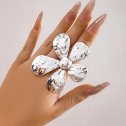 Cluster Rings KunJoe Exaggerated Metal Big Leaf Flower For Women Punk Silver Colour Open Adjustable Finger Jewellery Party Gift