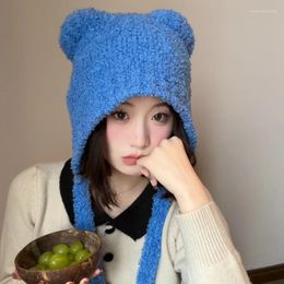 Berets Cute Blue Bear Strap Women's Hats Autumn And Winter Show Face Small Retro Versatile Thermal Ear Protection Knitted Bomber Cap