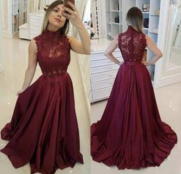 Party Dresses 2023 Arrival High Neck Long Burgundy Prom A Line Sweep Train Evening Formal Dress With Back Button Vestido