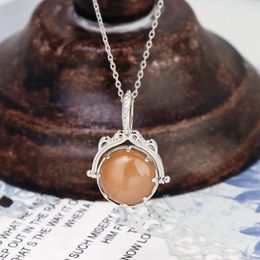 Chains LAMOON Luxury Necklace Women Accessories Natural Gemstone Orange Moonstone Spin Pendant 925 Sterling Silver Plated Chain NI204