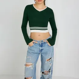 Women's T Shirts Autumn Women Knit Crop Tops Casual Basic Solid Color/Stripes Print Long Sleeve V Neck T-Shirts Cropped Sweater Pullover