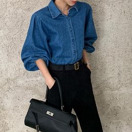 Women's Blouses & Shirts Women Y2k Fashion Blue Denim Blouse Indie Vintage Shirt Mujer Fall 2023 Collar Puff Sleeve Short Jeans Blousa Tops