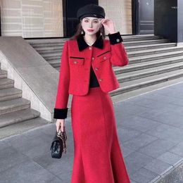 Two Piece Dress Women's Autumn/Winter Small Aroma Short Lapel Tweed Blazer Fishtail Skirt Set Vintage Contrast Suit Two-Piece