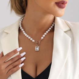 Fashionable and Luxurious Pearl Necklace with Versatile High-end Feel OT Buckle Beaded Rectangular Micro Inlay Imitation