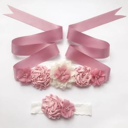 Women Wedding Fashion Dress Belts Wedding Bridal Flower Girl Sash Satin Ribbon Flower Belt With baby Headband