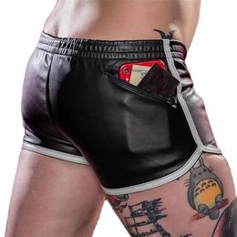 Black sexy for men with Pockets mens Faux Pu Leather Sport Running Fitness Beach Quick Dry Shorts 220617224v