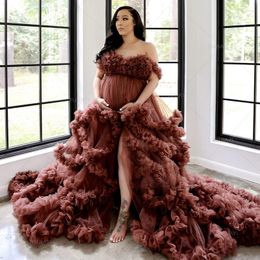 Women's Sleepwear Maternity Gown Poshoot Ruffled Front Split Pregnant Robe Women Dress Boudoir Lingerie Bathrobe Nightwear