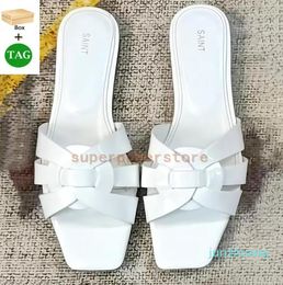 5 slipper YS Tribute Flat Leather interwining straps Slide Sandals women designer shoes Brown 55 black white Patent Amber grey Croc Embossed beach slides