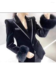 Women's Jackets HIGH STREET Est 2023 Designer Blazer Grid Velvet Fur Embellished Long