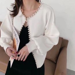 Women's Knits Autumn Women O Collar Knitting Cardigan Top Ladies Fashion Pearl Trim Long Sleeve Loose Warm Casual Female Sweater Coat