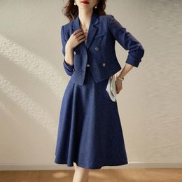 Two Piece Dress Small Fragrance Set Women Autumn Winter Double Breasted Crop Blazers Coats Mid A-Line Skirt Suit Elegant Office Lady