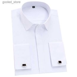 Men's Casual Shirts Men's Classic French Cuff Dress Shirt Covered Placket Long Sleeve Tuxedo Male Shirts with Cufflinks No Pocket Office Work White Q231106