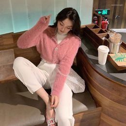 Women's Knits Sweaters Women Korean Elegant Lapel White Mohair Cardigan Short Sweet Pink Long Sleeve Knit Coat Pull Gentle Wil