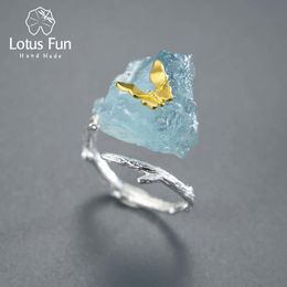 Solitaire Ring Lotus Fun Adjustable Aquamarine Big Gemstones Butterfly Rings for Women Original 925 Sterling Silver Dating Luxury Fine Jewelry 230404