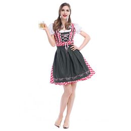 Sexy Costumes Halloween Women Maid Cosplay Costume Wench Bavarian Beer Girl Oktoberfest Gothic Lolita Grid Dress With Apron