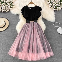 Celebrity Temperament Fake Two Piece Dress V-Neck Flying Sleeves Ruffled Edge Panel Mesh A-line Dress Elegant Large Swing Long Dress