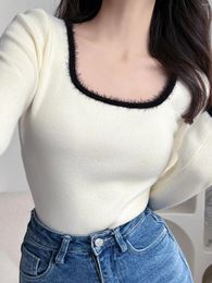 Women's Sweaters Sexy Hair White Knit Base Tops Pullovers Sweater Women Square Collar Small Top Sweet C611