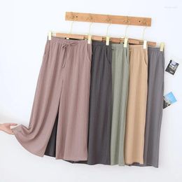 Women's Sleepwear Summer Threaded Wide Leg Loose Pants Cropped Thin Shorts Solid Colours Large Size Cool Pyjama Bottoms