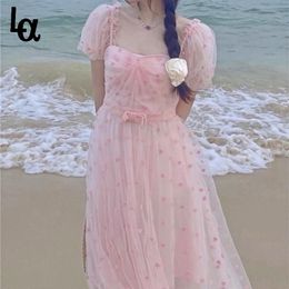 Pink Elegant Sweet Dress Women Kawali Floral Casual Korean Pretty Princess Designer Beach Fairy Summer 210519223a