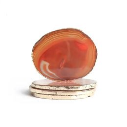 Handmade Natural Red Agate Slice Holder Coaster with Gold Trim for Drinks Cup Holder Healing Stones Agate Geode Slice Housewarming Gift