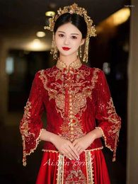 Ethnic Clothing Bride Costume Toast Elegant Tassel Cheongsam Chinese Style Sparkly Sequins Beading Wedding Dress Marriage Set