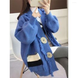 Women's Knits Spring Autumn Solid Color Loose Medium Long Knitted Cardigan Big Button Pocket Sweater Coat