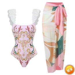 2023 New Shoulder Ruffle One Piece Swimsuit Women Floral Printed Ruffle Swimwear Tropical Summer Beach Bathing Suit Hot