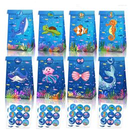 Gift Wrap 12Pcs Marine Animals Favour Paper Bags With Stickers Blue Ocean Birthday Candy Box Packing For Kids Party Supplies